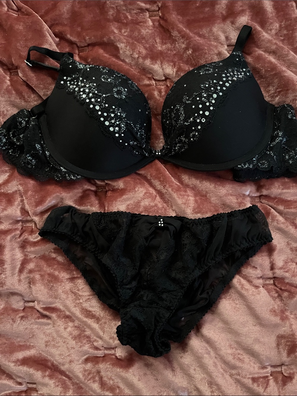 Victoria's Secret Black Lace Push-Up Bra & Bikini Set with Rhinestone Detail
